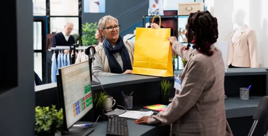 Retail owner closing transaction with customer at the counter using POS system.