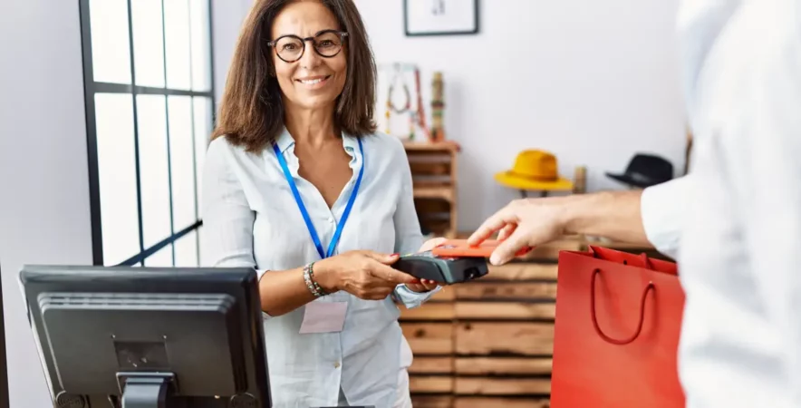 Retail business owner receiving payment on POS system.