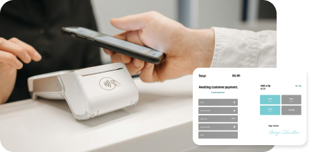 customer paying by tapping their phone on payment terminal