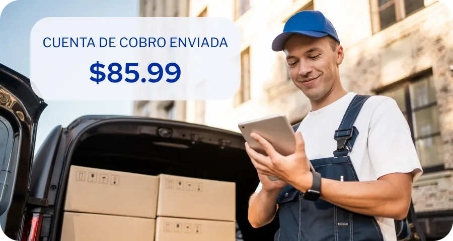 Dueño de negocio enviando una factura desde una tableta mientras está en movimiento